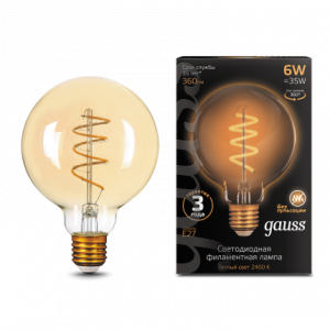 Лампа Gauss Filament G95 6W 360lm 2400К Е27 golden flexible LED 1/20